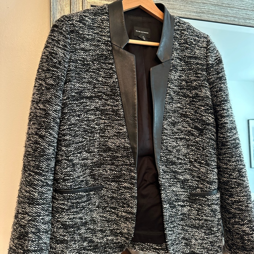 Club Monaco Black and White Boucle Textured Blazer with Leather Trimming
